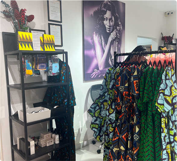 Fashion boutique interior with colorful African prints